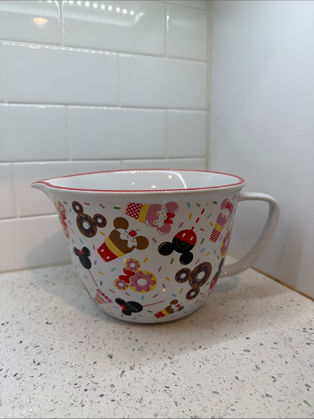 Ceramic Mickey-Themed Red Trim Mixing Bowl with Handle